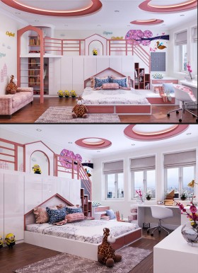 Sence Phòng Ngủ trẻ con 00017 - Thiết kế nội thất phòng con gái phong cách hiện đại