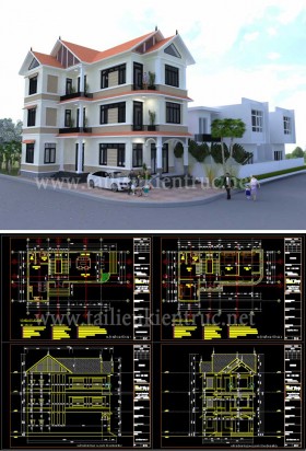 Hồ sơ thiết kế thi công Biệt thự 3 Tầng diện tích 9,3x16,6m - 0099 - Full Kiến trúc, kết cấu, điện nước