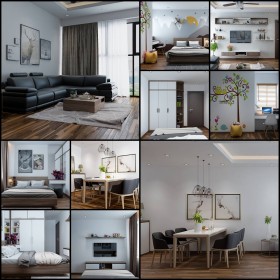Phối cảnh nội thất 3D Max Nội thất chung cư gồm Phòng khách, Bếp ăn và phòng ngủ 00098
