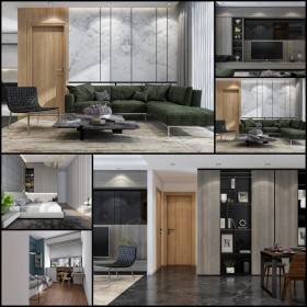 Phối cảnh nội thất 3D Max Nội thất chung cư gồm Phòng khách, Bếp ăn và phòng ngủ 00099