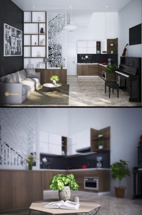 Phối cảnh nội thất 3D Max Nội thất Nhà phố Phòng khách, Bếp ăn tầng 1 MS 00100