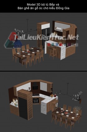 Model 3D bộ tủ Bếp và Bàn ghế ăn gỗ óc chó kiểu Đồng Gia