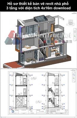 Hồ sơ thiết kế bản vẽ Revit nhà phố 3 tầng với diện tích 4x16m download