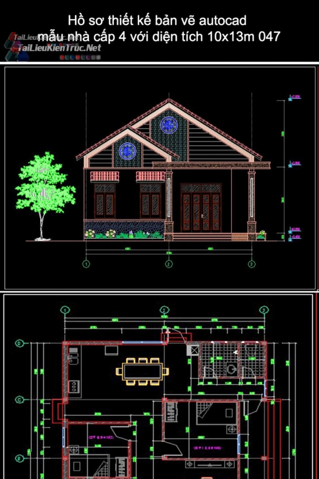 Hồ sơ thiết kế bản vẽ autocad mẫu nhà cấp 4 với diện tích 10x13m 047