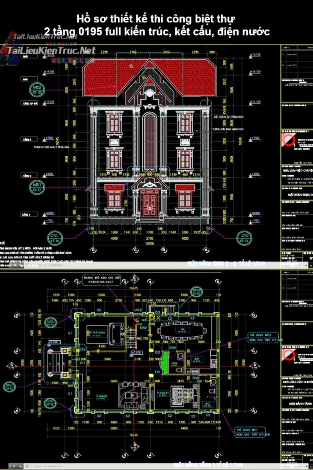 Hồ sơ thiết kế thi công biệt thự 2 tầng 0195 full kiến trúc, kết cấu, điện nước