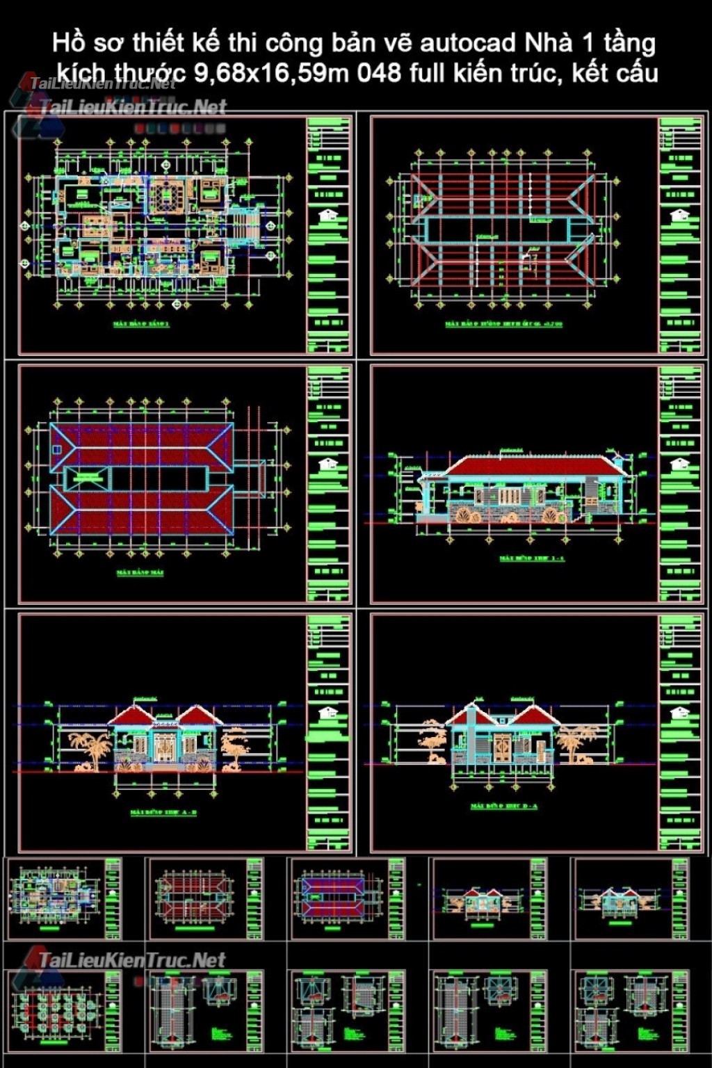 Hồ sơ thiết kế thi công bản vẽ autocad Nhà 1 tầng kích thước 9,68x16,59m 048 full kiến trúc, kết cấu