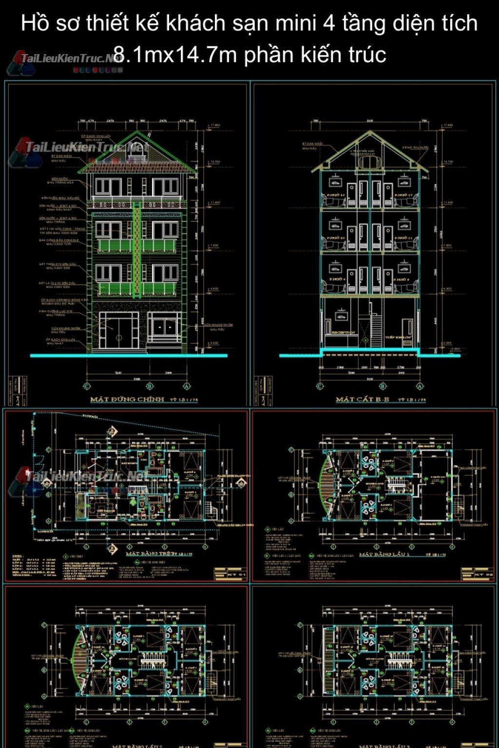 Hồ sơ thiết kế khách sạn mini 4 tầng diện tích 8.1mx14.7m phần kiến trúc