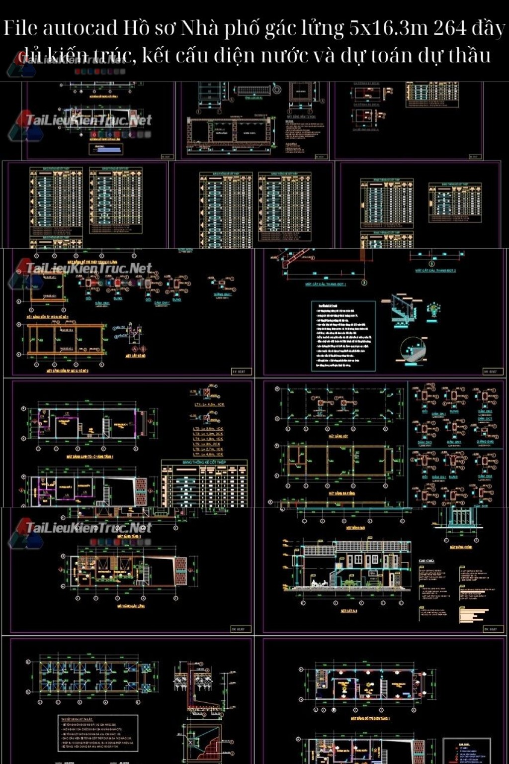 File autocad Hồ sơ Nhà phố gác lửng 5x16.3m 264 đầy đủ kiến trúc, kết cấu điện nước và dự toán dự thầu