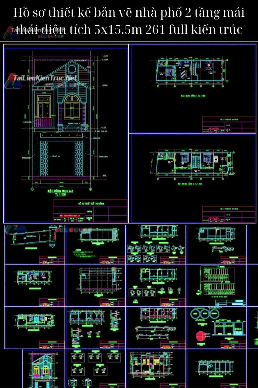 Hồ sơ thiết kế bản vẽ nhà phố 2 tầng mái thái diện tích 5x15.5m 261 full kiến trúc