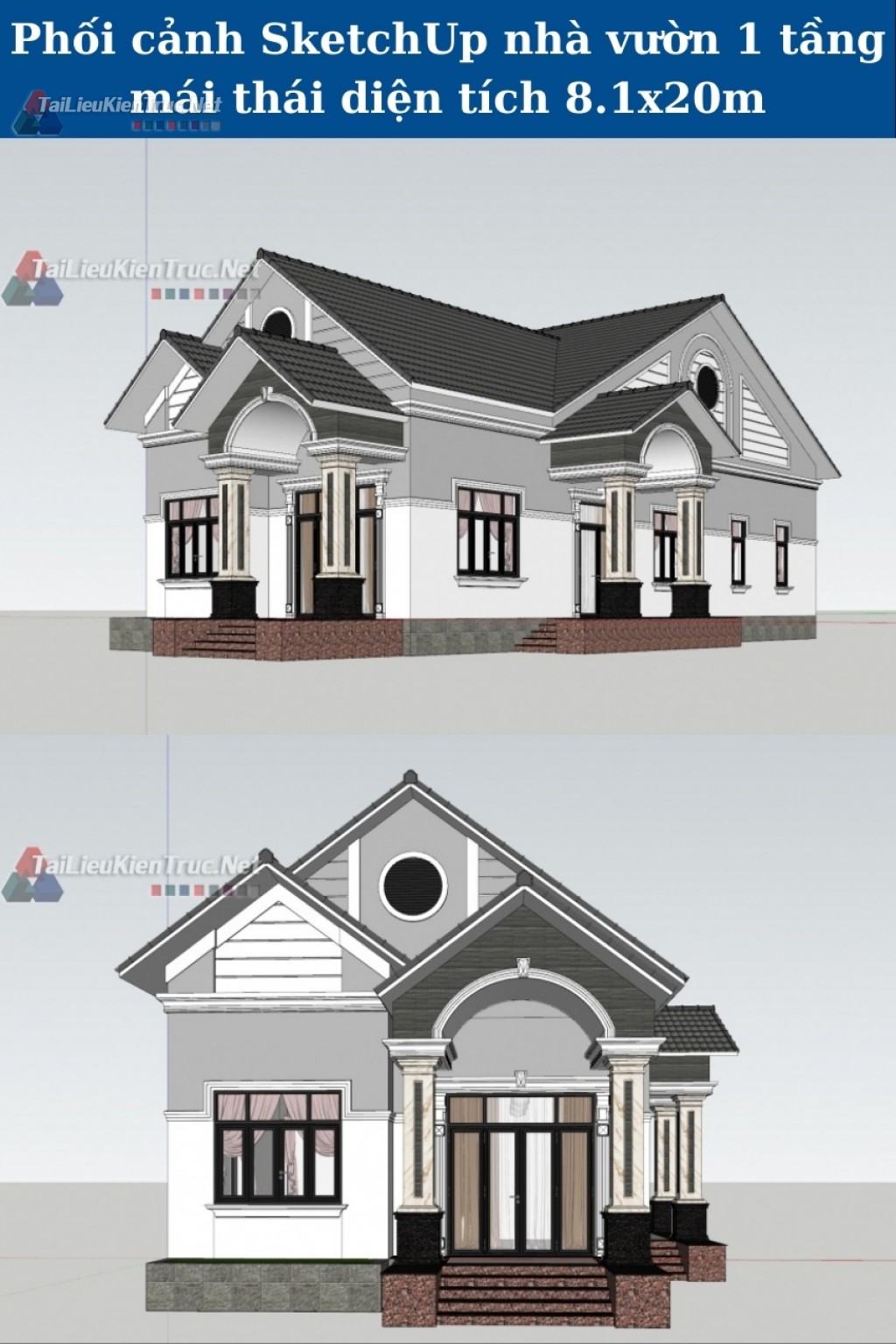 Phối cảnh SketchUp nhà vườn 1 tầng mái thái diện tích 8.1x20m