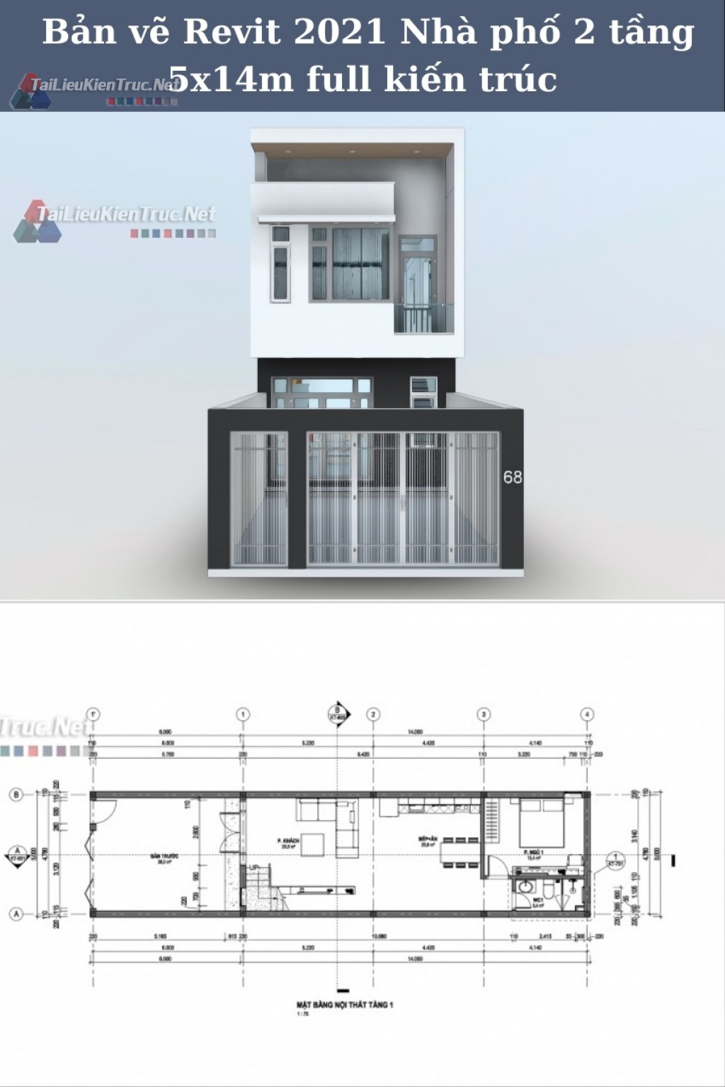 Bản vẽ Revit 2021 Nhà phố 2 tầng 5x14m full kiến trúc