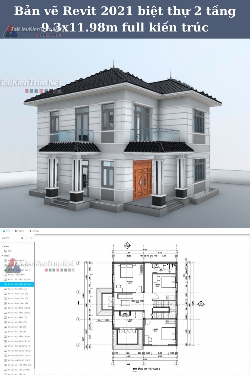 Bản vẽ Revit 2021 biệt thự 2 tầng 9.3x11.98m full kiến trúc