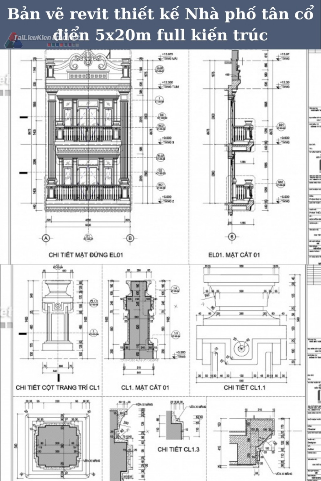 Bản vẽ revit thiết kế Nhà phố tân cổ điển 5x20m full kiến trúc