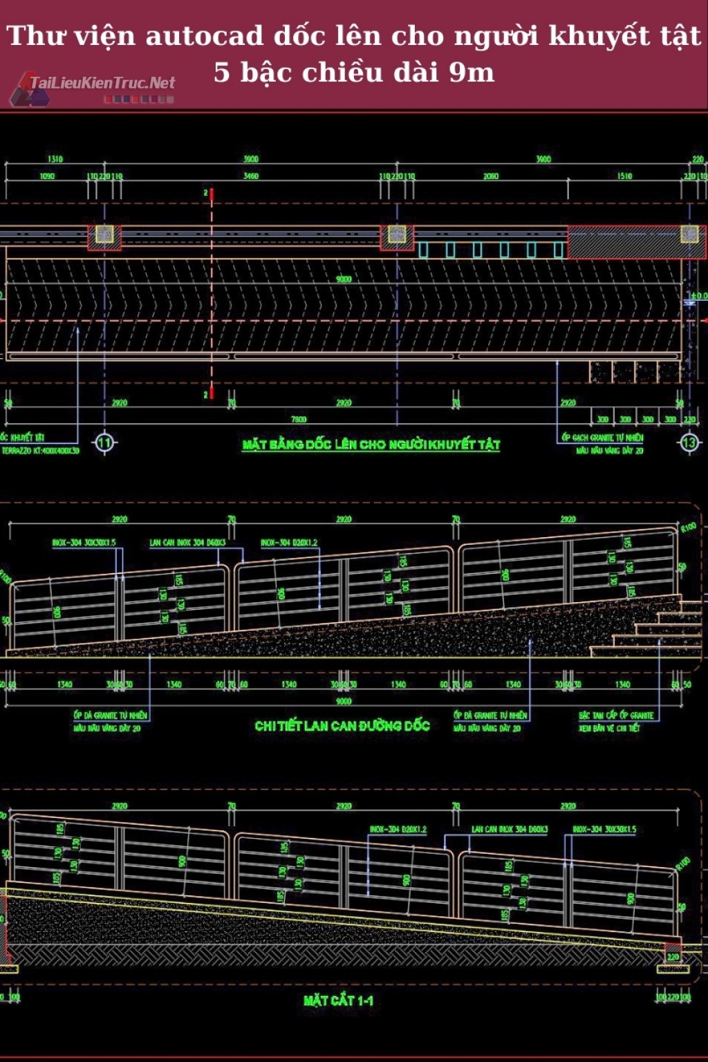 Thư viện autocad dốc lên cho người khuyết tật 5 bậc chiều dài 9m