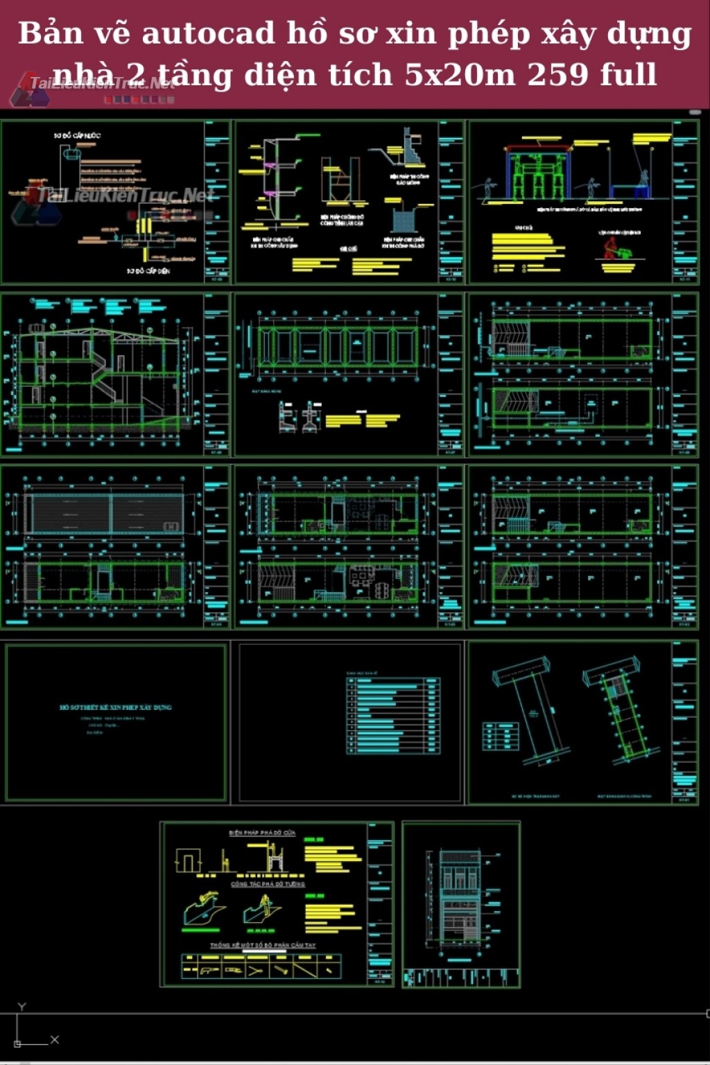 Bản vẽ autocad hồ sơ xin phép xây dựng nhà 2 tầng diện tích 5x20m 259 full