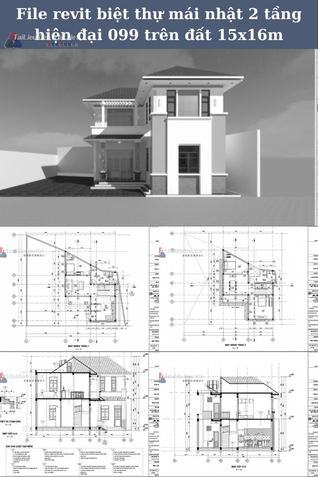 File revit biệt thự mái nhật 2 tầng hiện đại 099 trên đất 15x16m