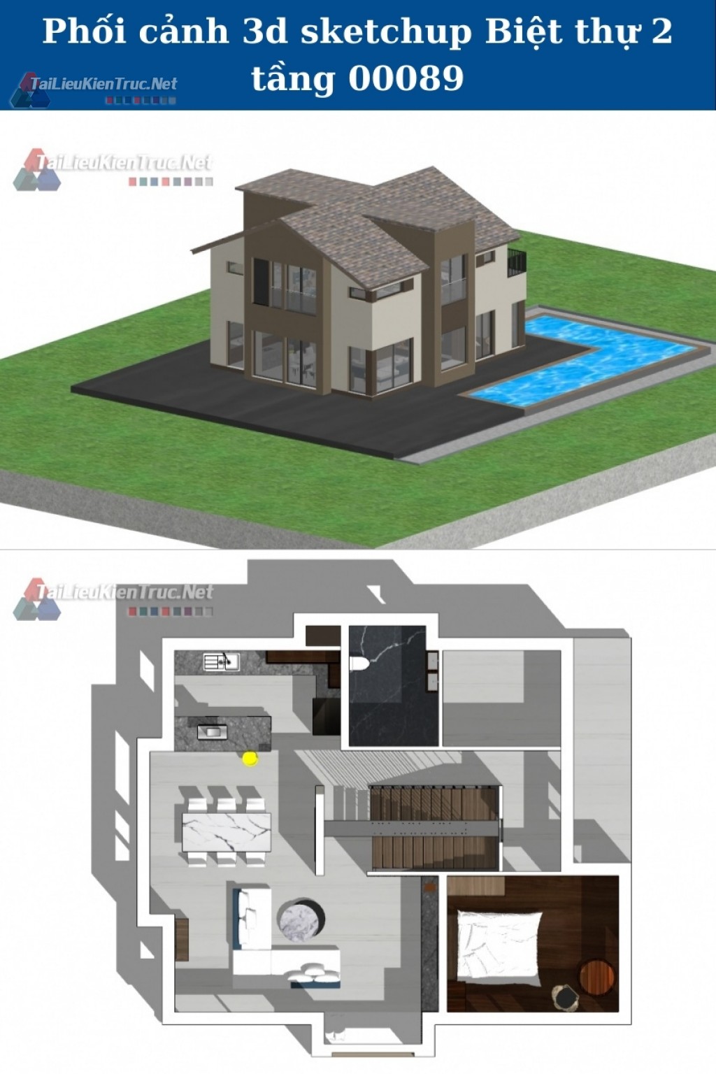 Phối cảnh 3d sketchup Biệt thự 2 tầng 00089 download