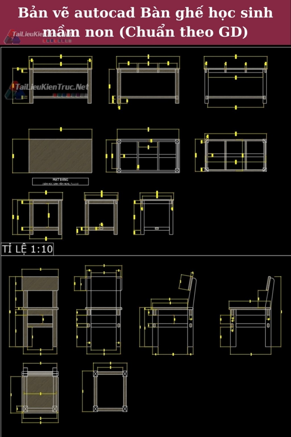 Bản vẽ autocad Bàn ghế học sinh mầm non (Chuẩn theo GD)