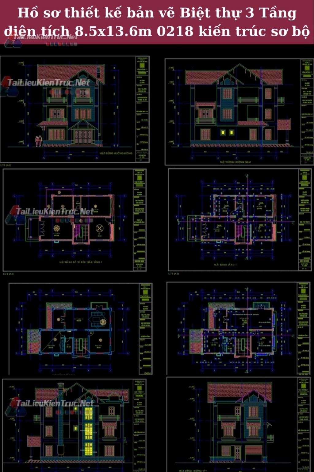 Hồ sơ thiết kế bản vẽ Biệt thự 3 Tầng diện tích 8.5x13.6m 0218 kiến trúc sơ bộ