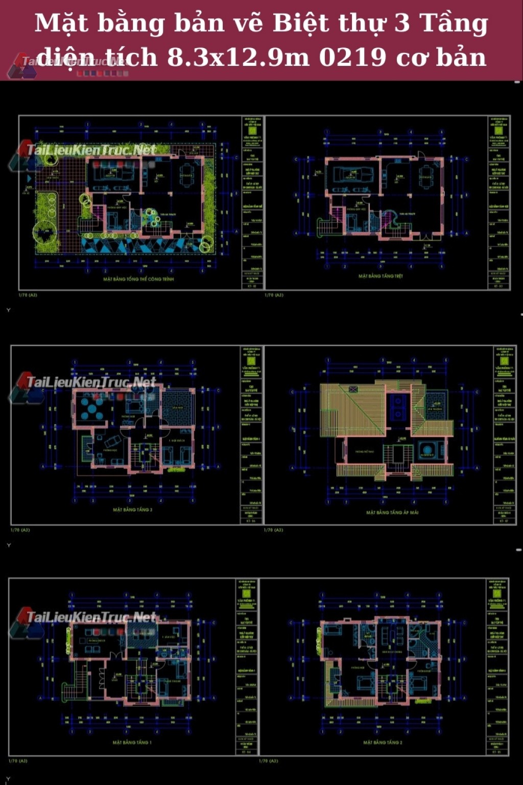 Mặt bằng bản vẽ Biệt thự 3 Tầng diện tích 8.3x12.9m 0219 cơ bản