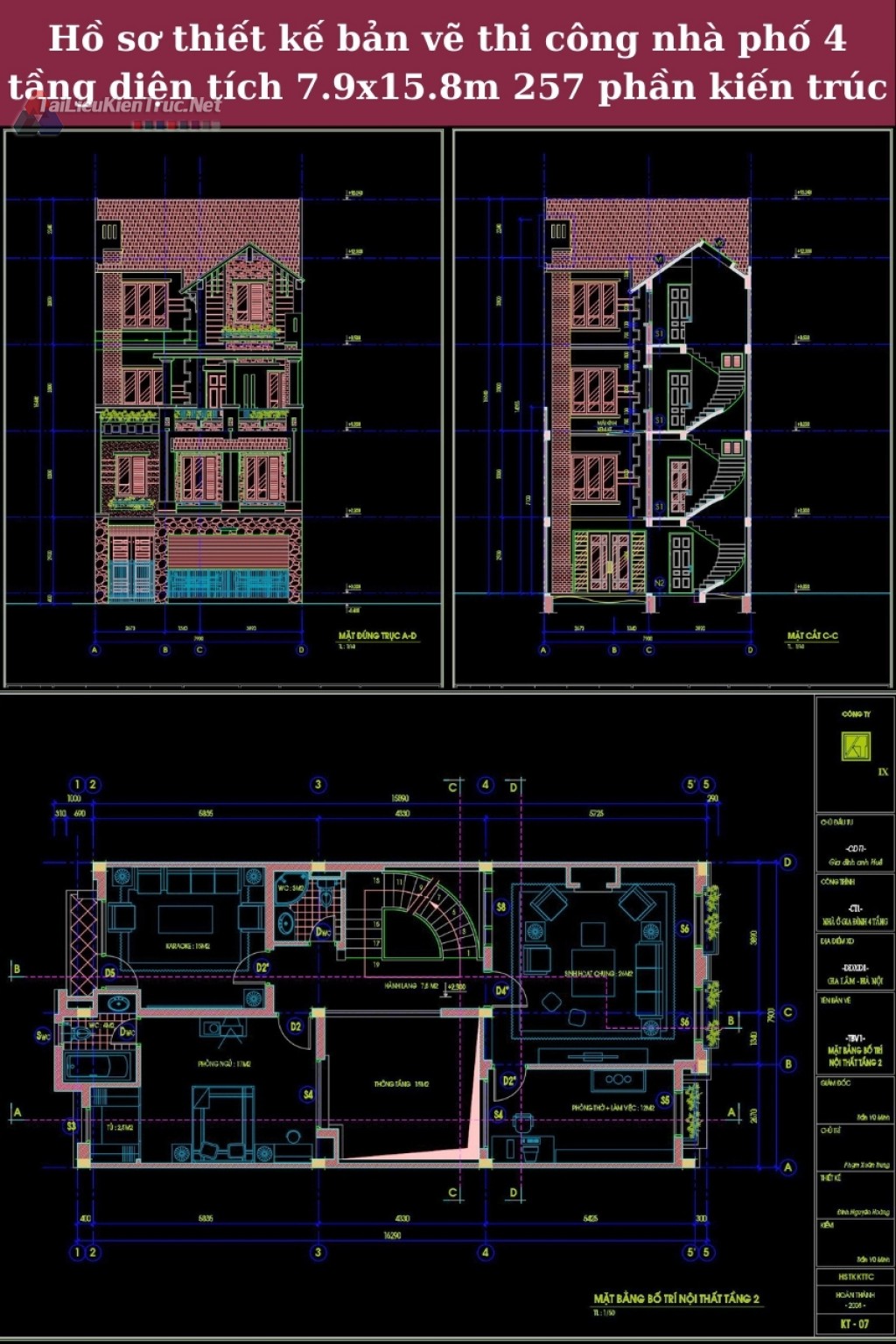 Hồ sơ thiết kế bản vẽ thi công nhà phố 4 tầng diện tích 7.9x15.8m 257 phần kiến trúc