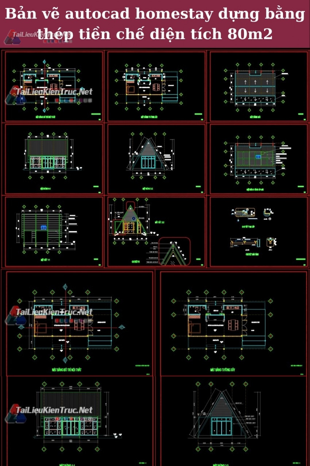 Bản vẽ autocad homestay dựng bằng thép tiền chế diện tích 80m2