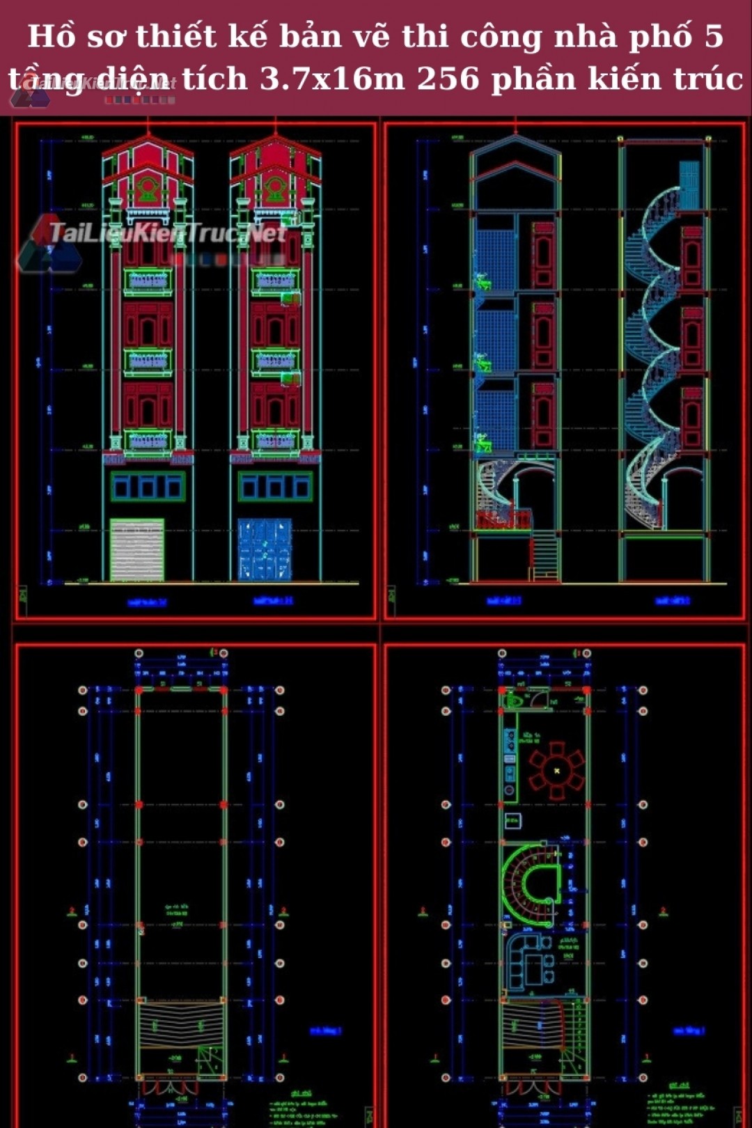 Hồ sơ thiết kế bản vẽ thi công nhà phố 5 tầng diện tích 3.7x16m 256 phần kiến trúc