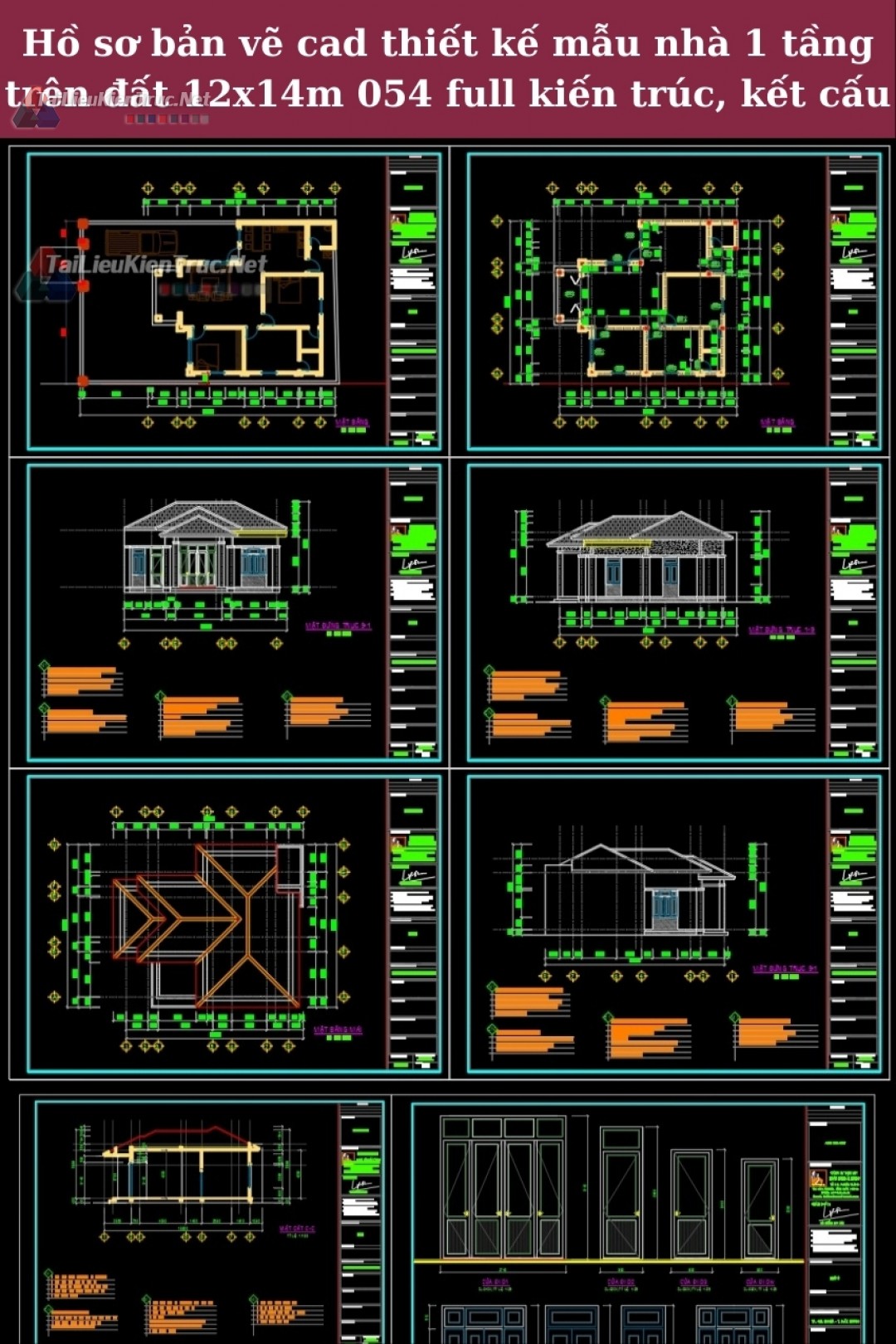 Hồ sơ bản vẽ cad thiết kế mẫu nhà 1 tầng trên đất 12x14m 054 full kiến trúc, kết cấu