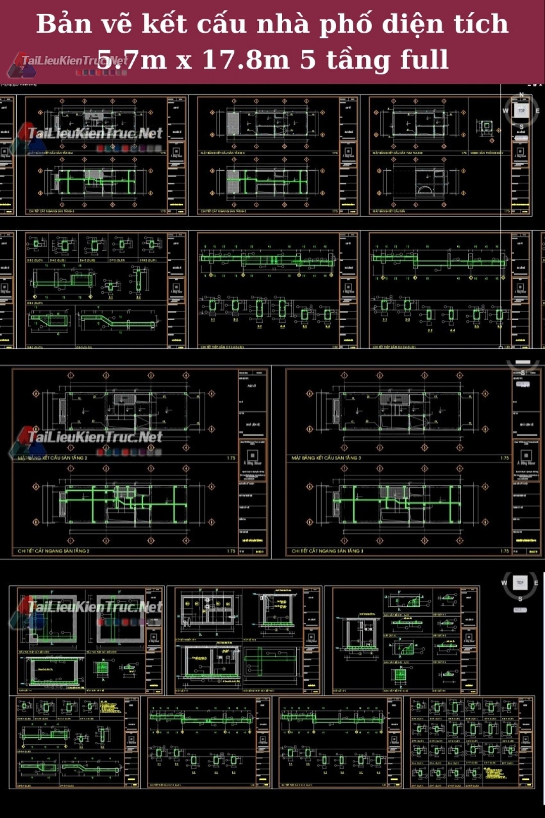 Bản vẽ kết cấu nhà phố diện tích 5.7m x 17.8m 5 tầng full