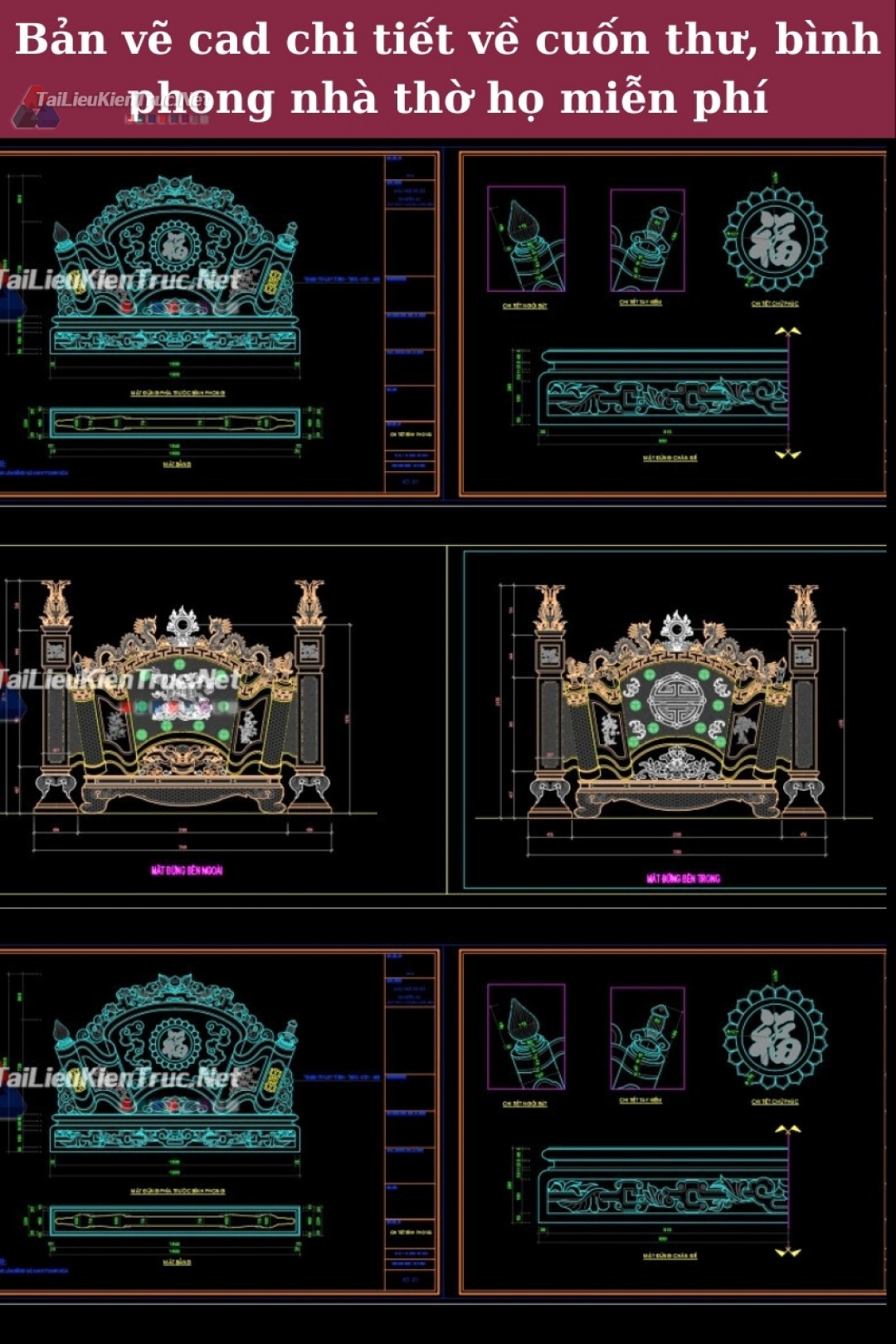 Bản vẽ cad chi tiết về cuốn thư, bình phong nhà thờ họ miễn phí