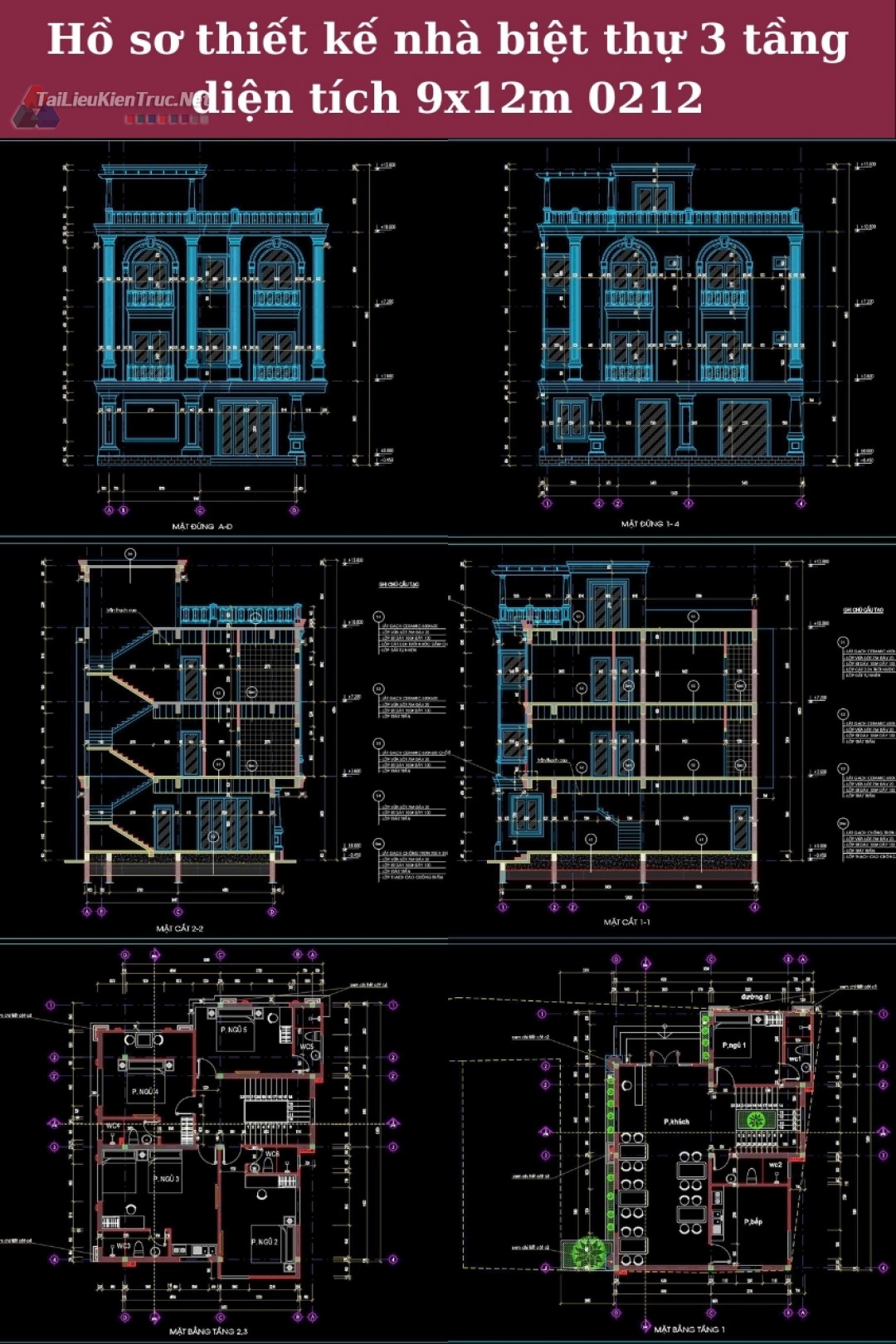 Hồ sơ thiết kế nhà biệt thự 3 tầng diện tích 9x12m 0212