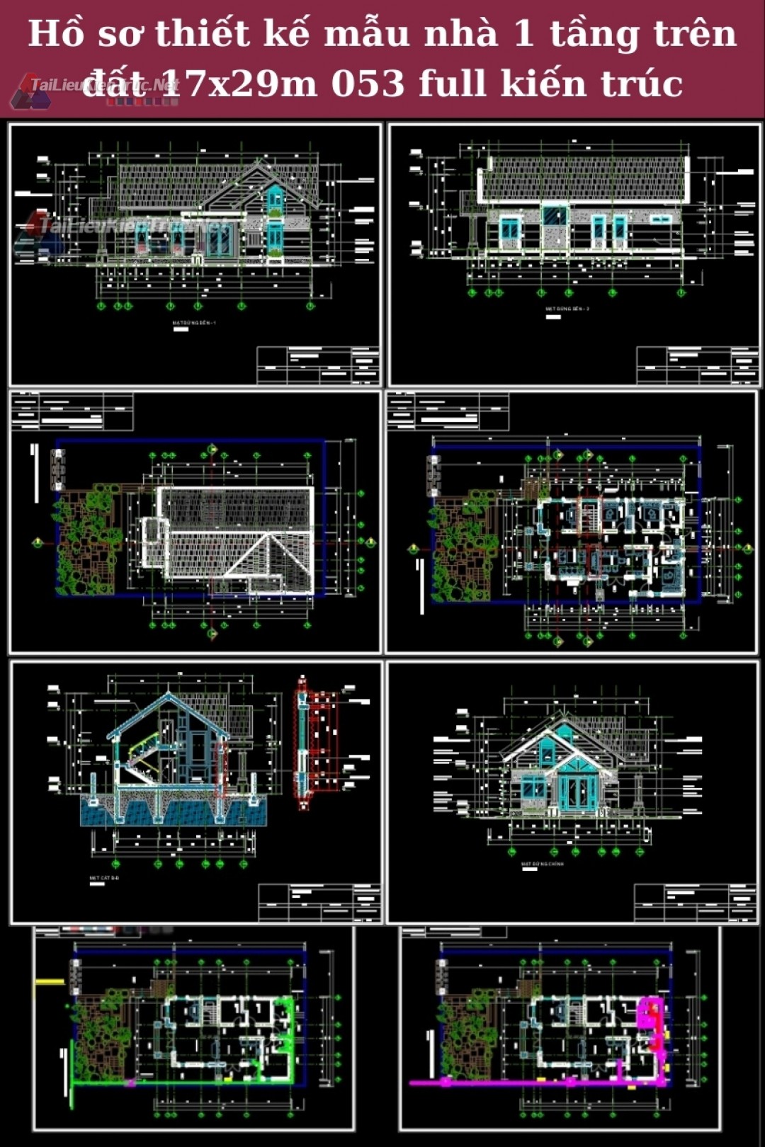 Hồ sơ bản vẽ cad thiết kế mẫu nhà 1 tầng trên đất 17x29m 053 full kiến trúc