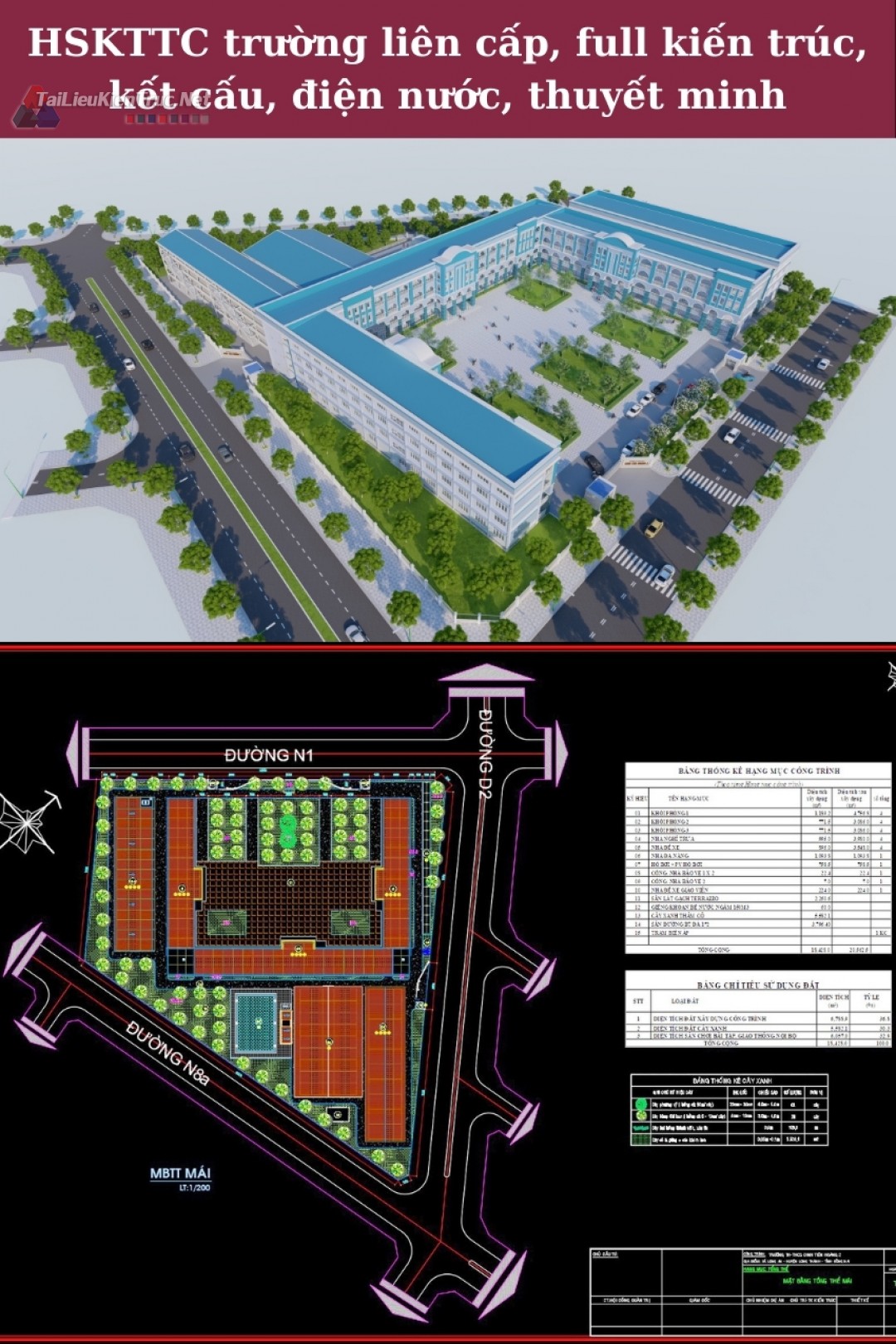 Hồ sơ thiết kế thi công trường liên cấp Đinh Tiên Hoàng 2 đầy đủ Kiến trúc, kết cấu, điện nước, thuyết minh và ảnh phối cảnh