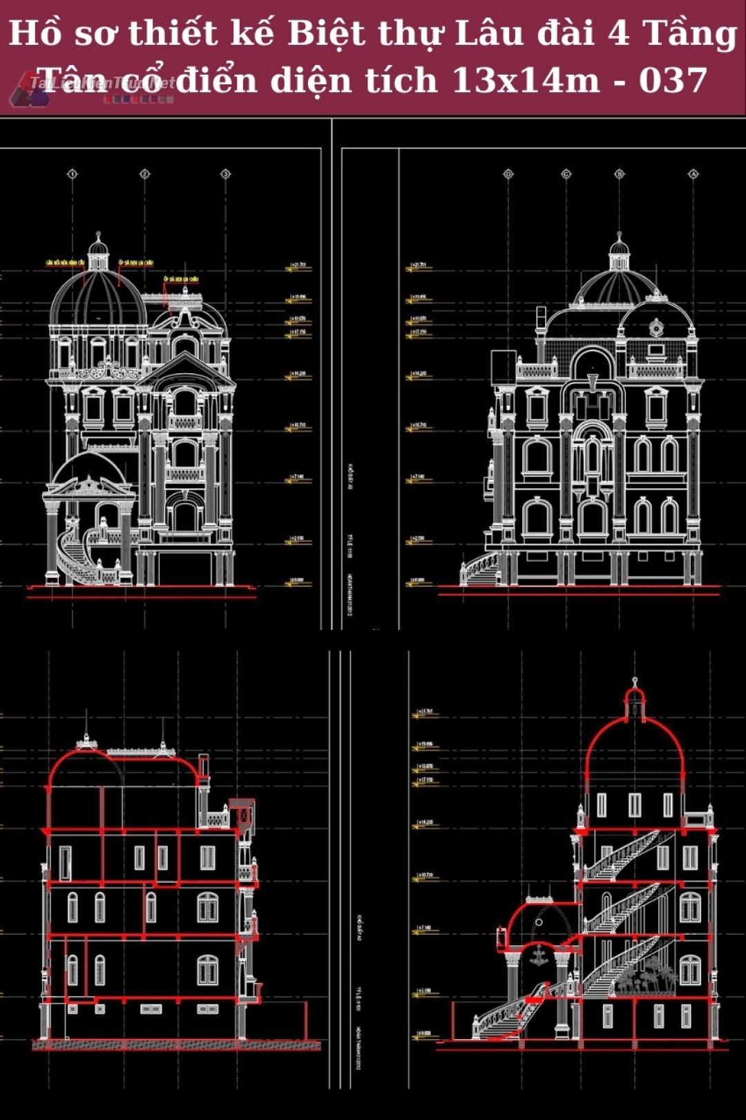 Hồ sơ thiết kế Biệt thự Lâu đài 4 Tầng Tân cổ điển diện tích 13x14m - 0037