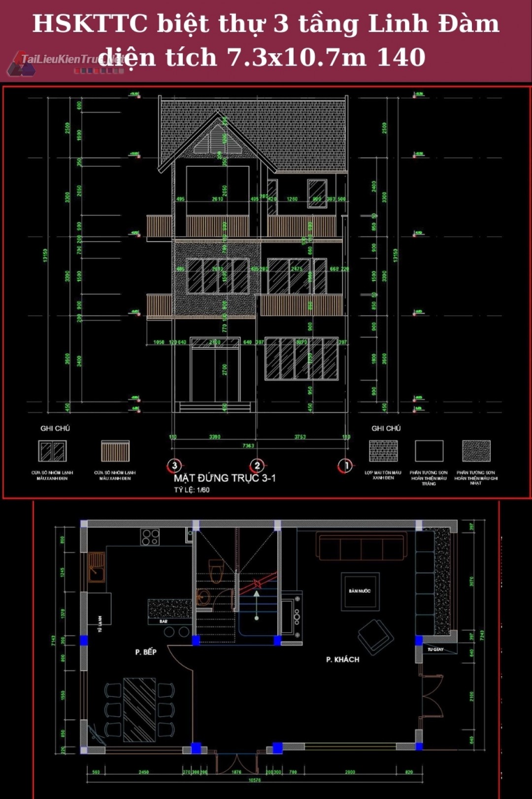 Hồ sơ thiết kế cải tạo biệt thự 3 tầng Linh Đàm diện tích 7.3x10.7m 0140