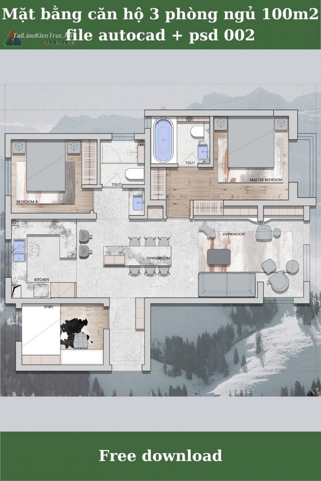 Mặt bằng căn hộ 3 phòng ngủ 100m2 file cad và psd