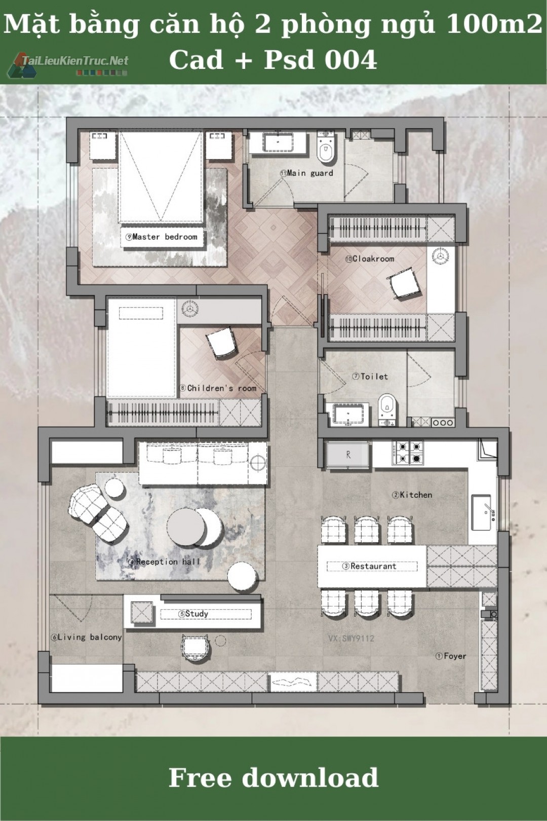 Mặt bằng căn hộ 2 phòng ngủ 100m2 Cad+ Psd 004