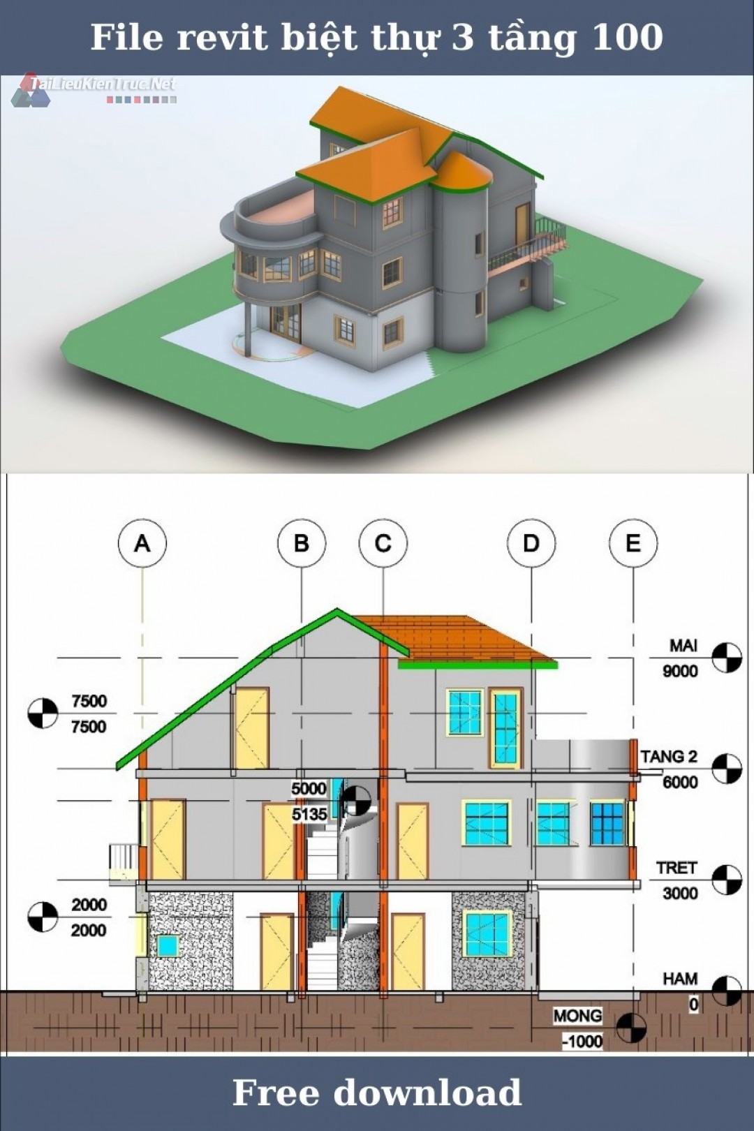 File revit biệt thự 3 tầng số 100