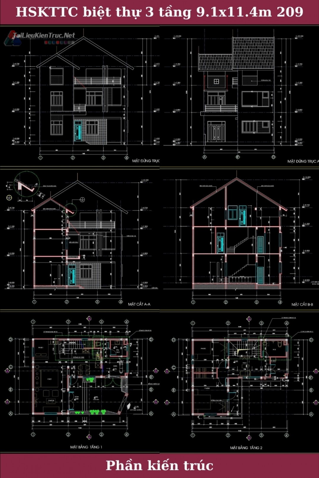 Hồ sơ thiết kế thi công biệt thự 3 tầng kích thước  9.1x11.4m 0209 full kiến trúc