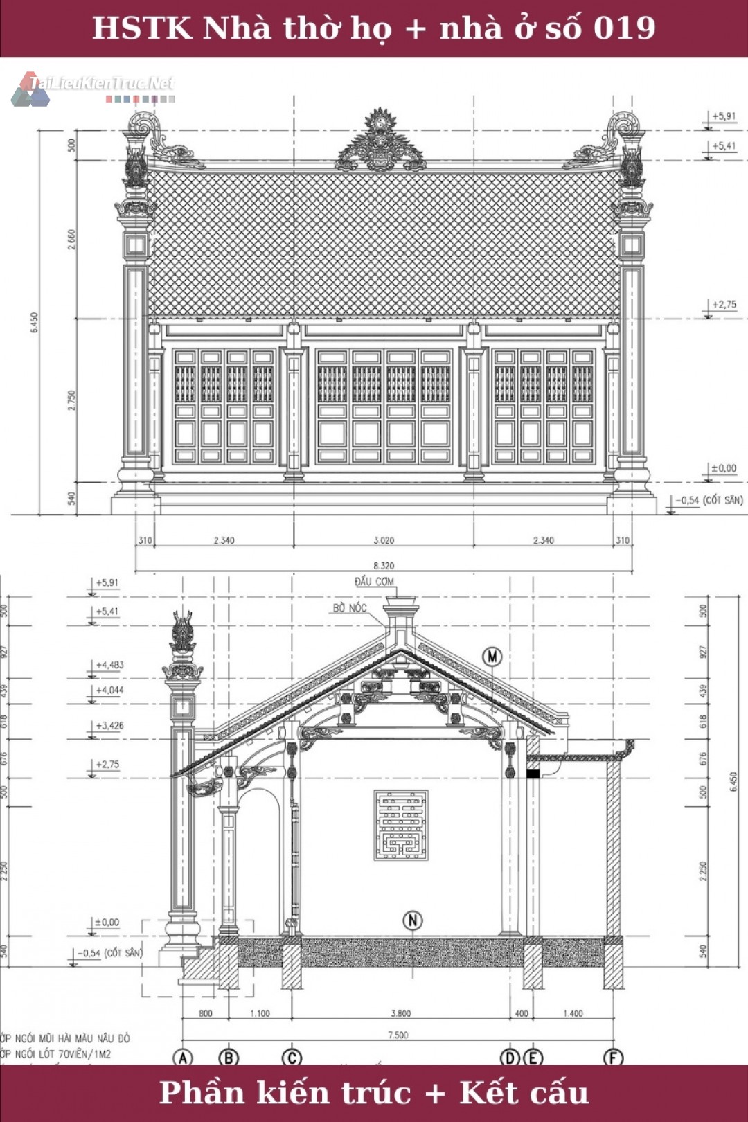 Hồ sơ thiết kế nhà thờ họ và nhà ở mẫu số 019 diện tích 7.5x8.3m trên khuôn viên đất hơn 230m2