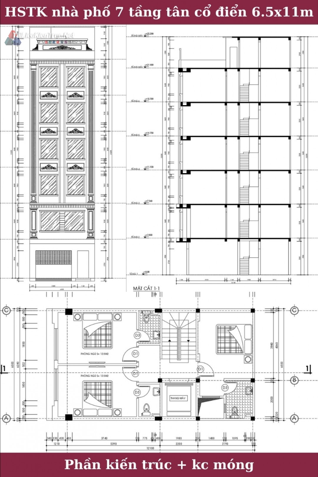 Hồ sơ thiết kế bản vẽ thi công nhà phố 7 tầng tân cổ điển diện tích 6.5x11m 250 phần kiến trúc