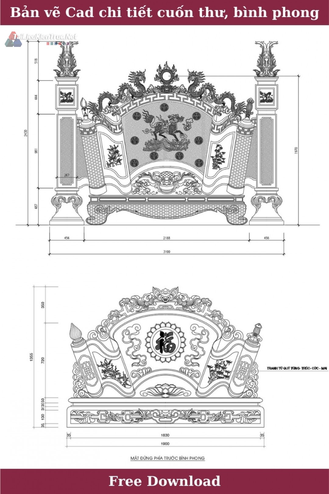 Bản vẽ cad chi tiết về cuốn thư, bình phong nhà thờ họ miễn phí