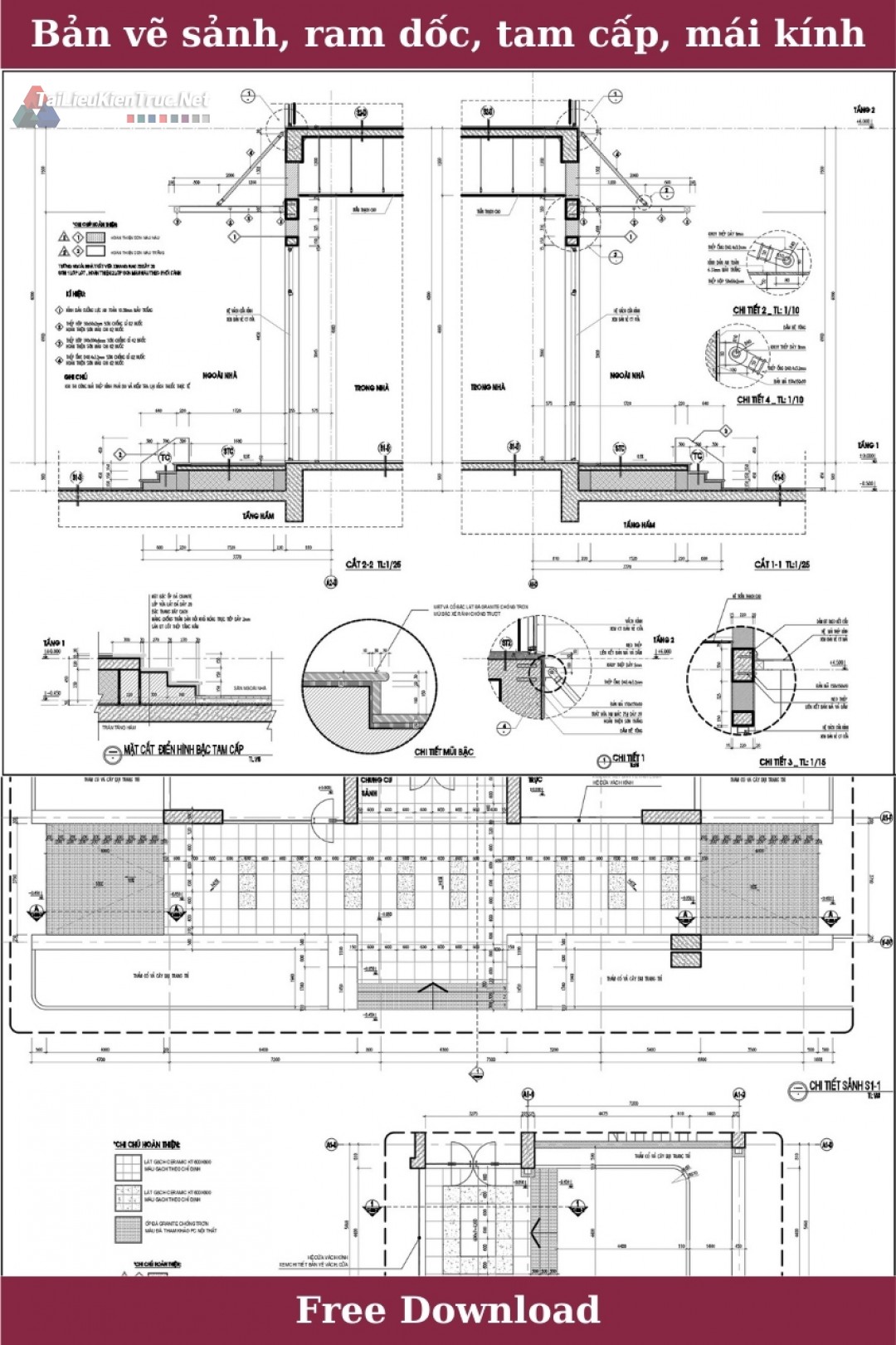 Bản vẽ Autocad chi tiết Sảnh, tam cấp, ram dốc, mái kính tòa nhà