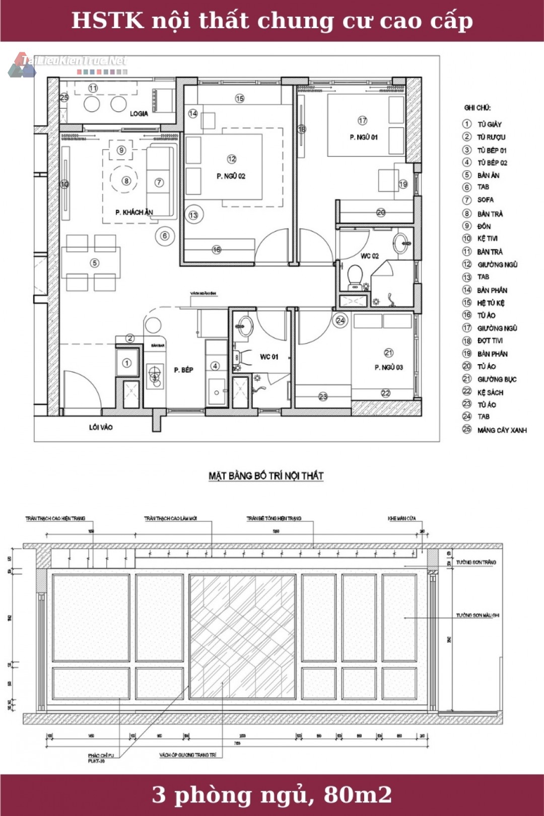 Bản vẽ Hồ sơ triển khai nội thất căn hộ chung cư cao cấp diện tích 80m2