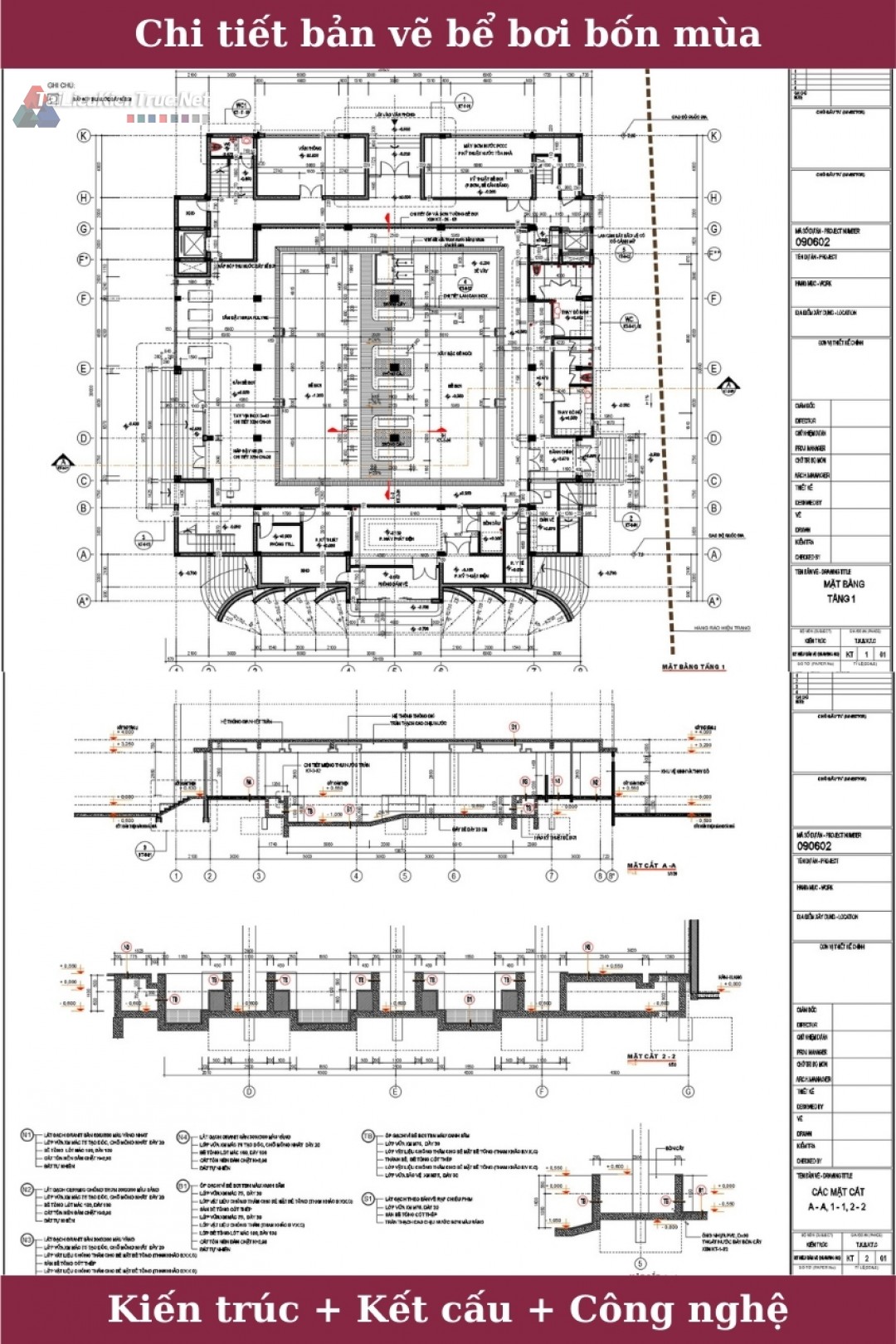 Thư viện Autocad về hồ sơ chi tiết bản vẽ bể bơi bốn mùa full kiến trúc, kết cấu