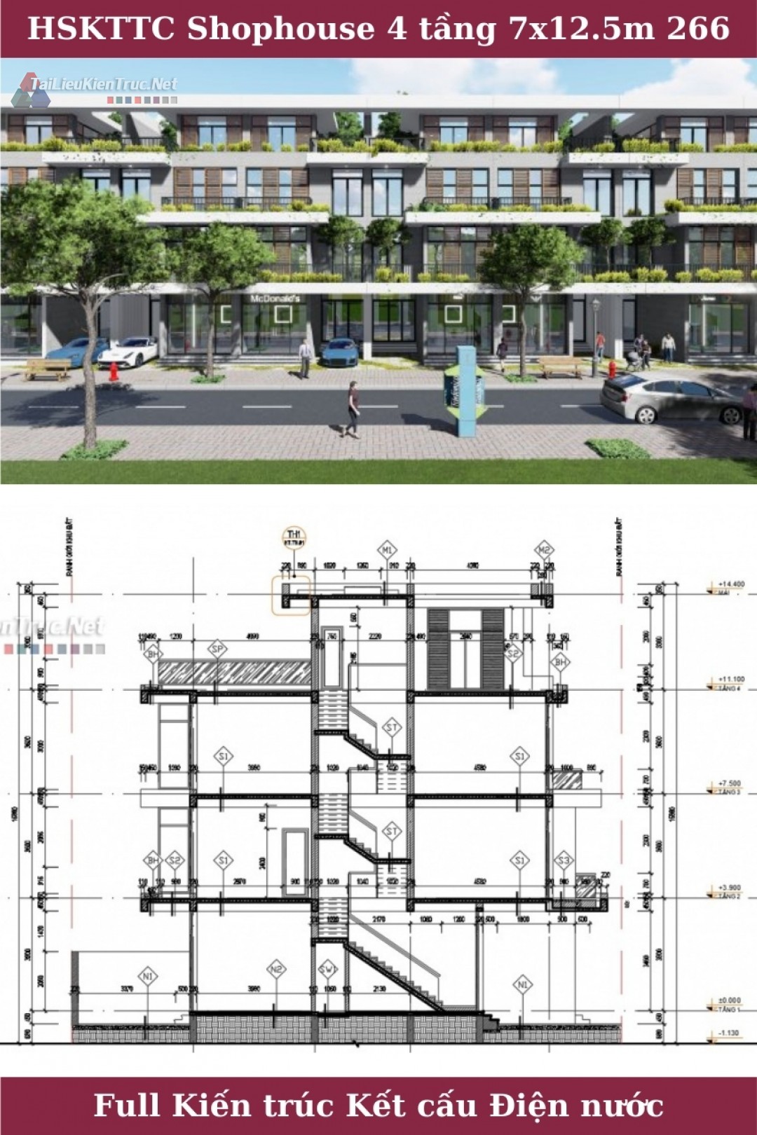 Hồ sơ thiết kế Shophouse 4 tầng diện tích 7x12.5m 266 đầy đủ kiến trúc, kết cấu, điện, nước