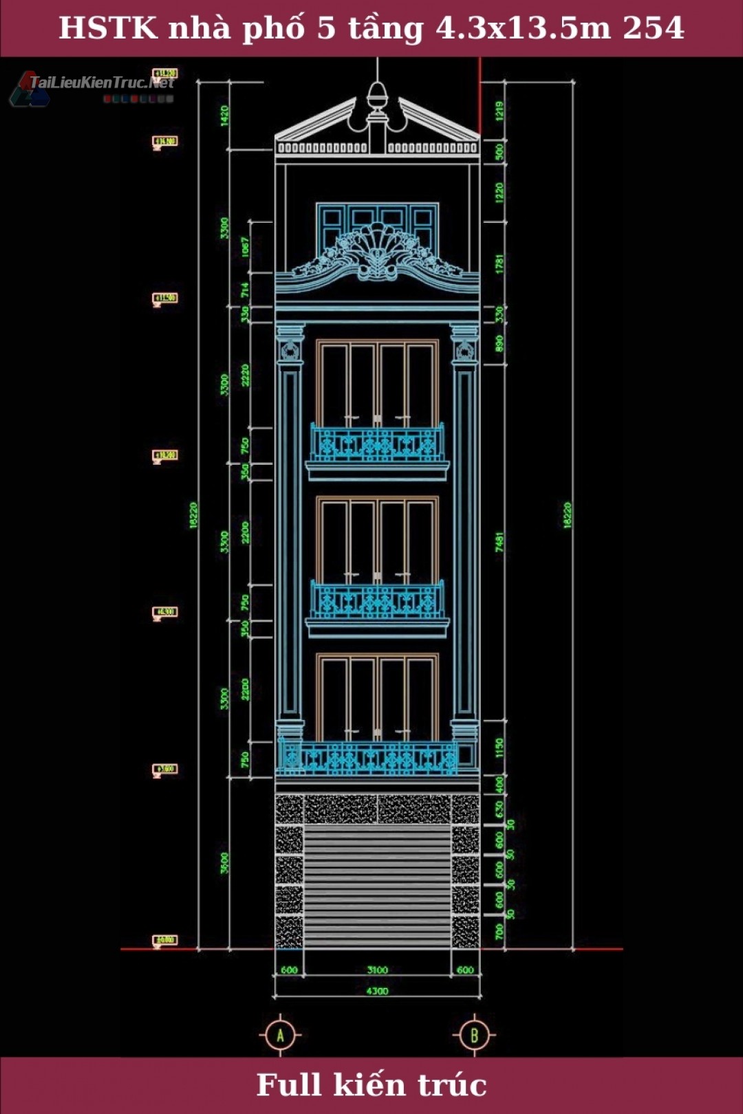 Hồ sơ thiết kế bản vẽ thi công nhà phố 5 tầng có thang máy diện tích 4.3x13.5m 254 phần kiến trúc