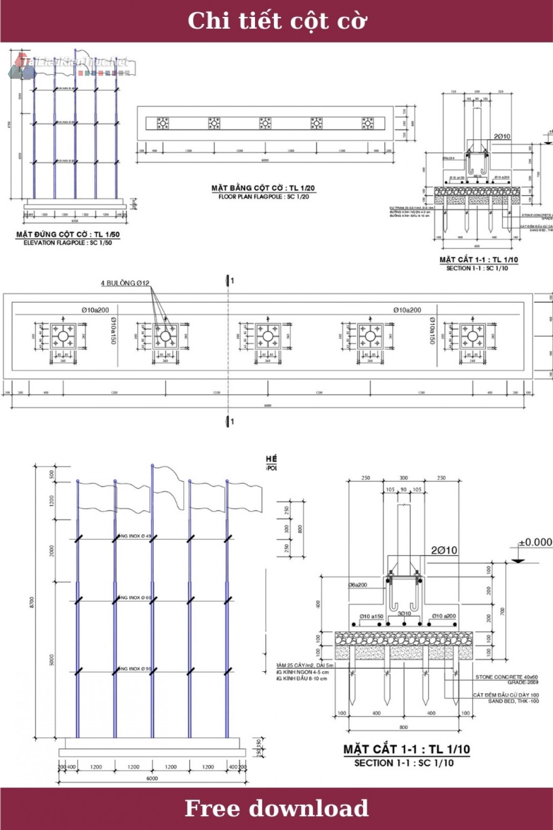 Bản vẽ autocad chi tiết cột cờ miễn phí