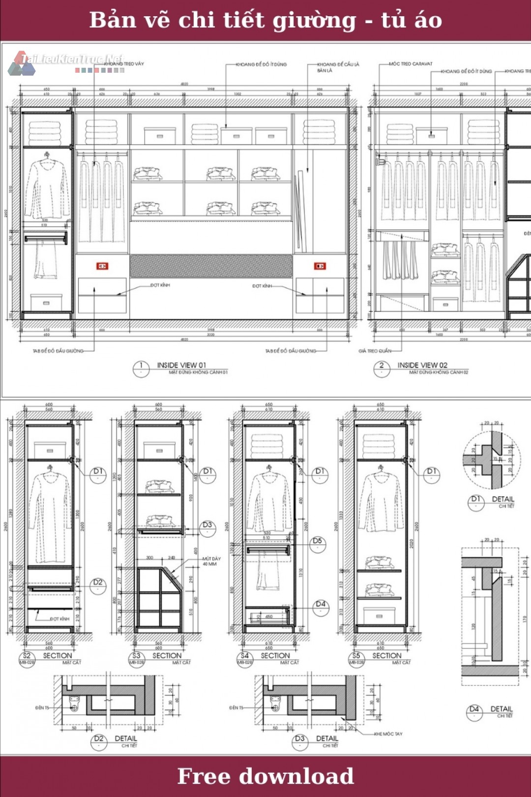 11. Bản vẽ cad chi tiết giường - tủ áo miễn phí