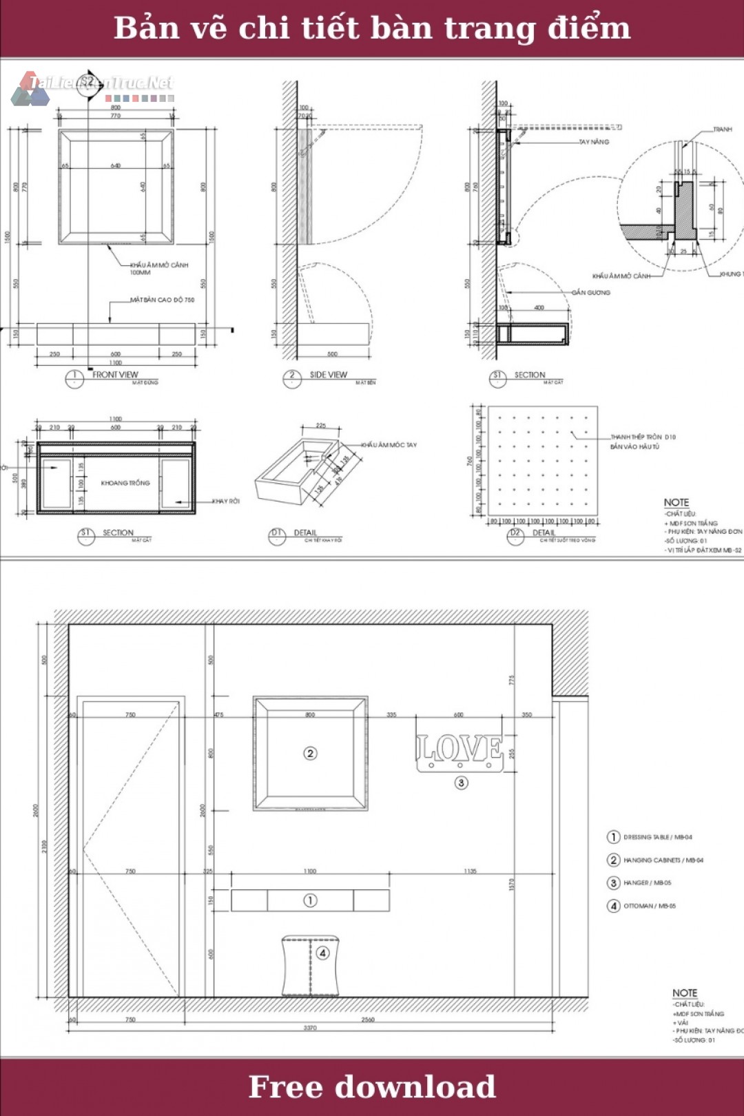 12. Bản vẽ chi tiết bàn trang điểm